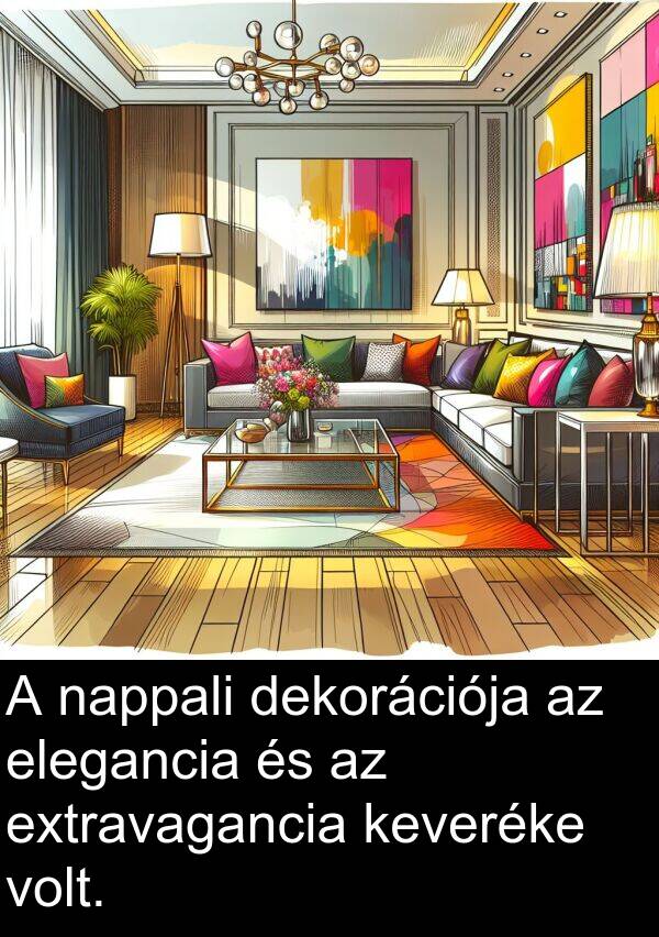 dekorációja: A nappali dekorációja az elegancia és az extravagancia keveréke volt.
