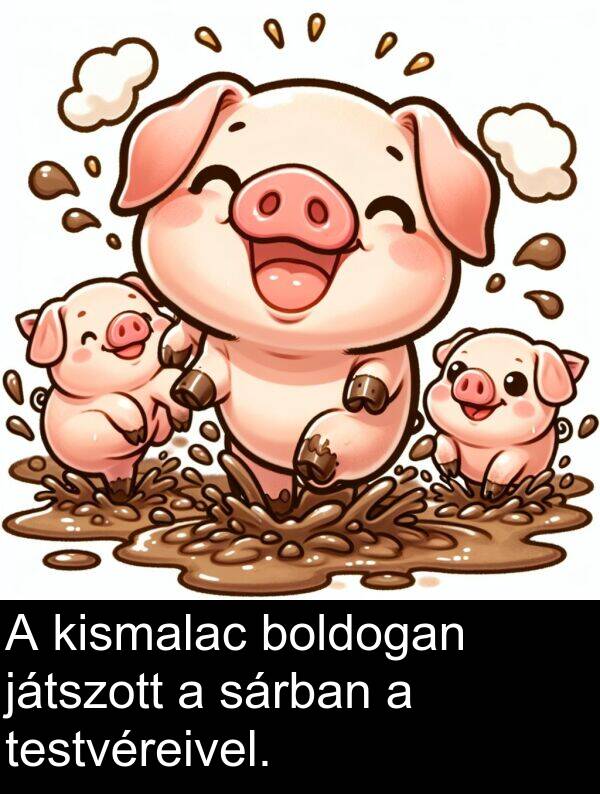 sárban: A kismalac boldogan játszott a sárban a testvéreivel.