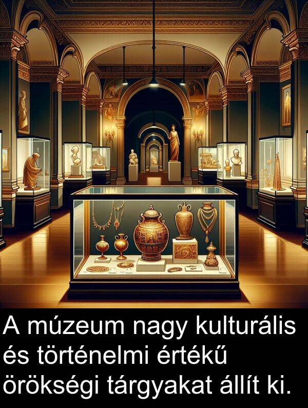múzeum: A múzeum nagy kulturális és történelmi értékű örökségi tárgyakat állít ki.