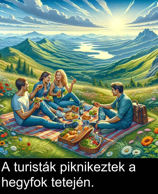 piknikeztek: A turisták piknikeztek a hegyfok tetején.