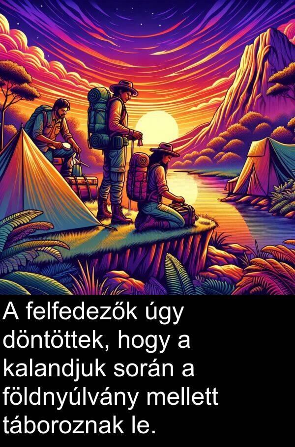 úgy: A felfedezők úgy döntöttek, hogy a kalandjuk során a földnyúlvány mellett táboroznak le.