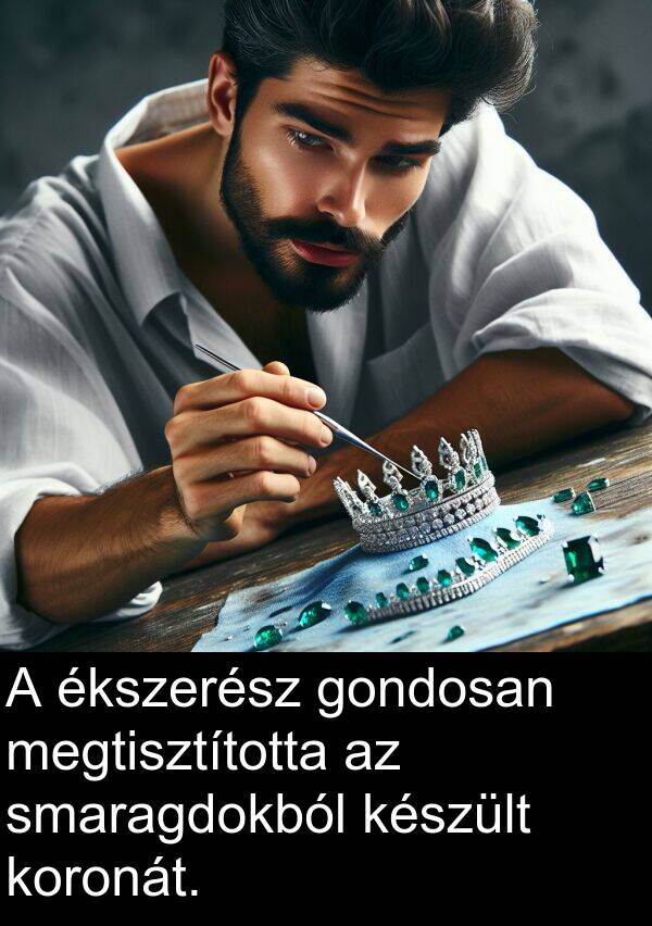 megtisztította: A ékszerész gondosan megtisztította az smaragdokból készült koronát.