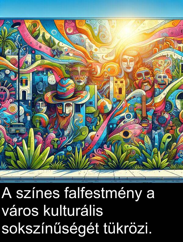 város: A színes falfestmény a város kulturális sokszínűségét tükrözi.