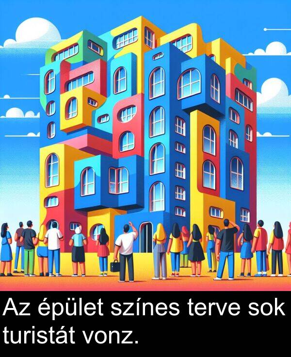 terve: Az épület színes terve sok turistát vonz.