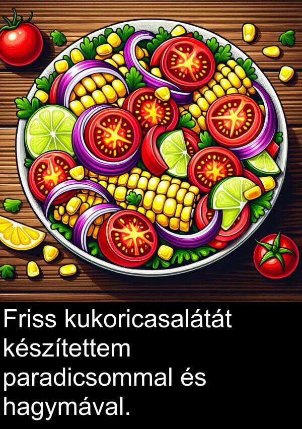 paradicsommal: Friss kukoricasalátát készítettem paradicsommal és hagymával.