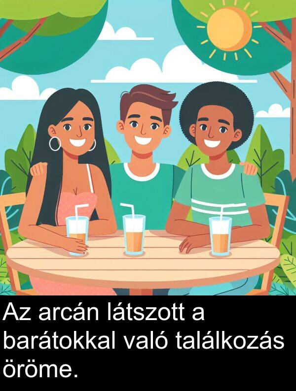 találkozás: Az arcán látszott a barátokkal való találkozás öröme.