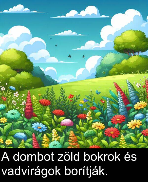 zöld: A dombot zöld bokrok és vadvirágok borítják.