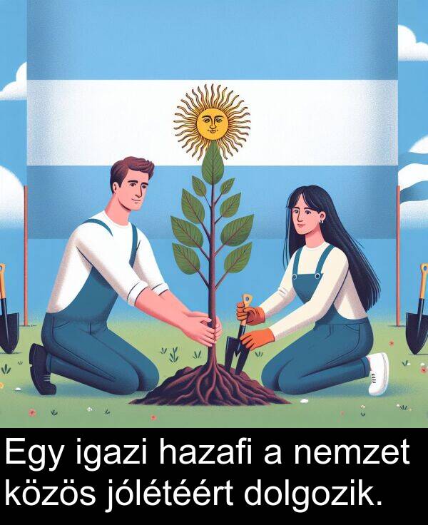 dolgozik: Egy igazi hazafi a nemzet közös jólétéért dolgozik.