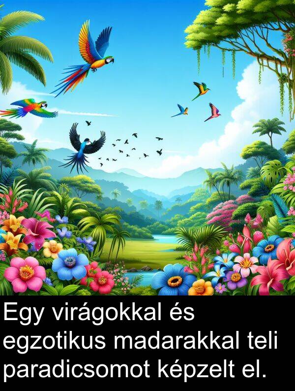 paradicsomot: Egy virágokkal és egzotikus madarakkal teli paradicsomot képzelt el.