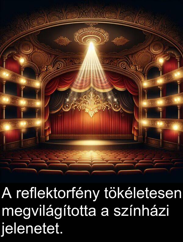 jelenetet: A reflektorfény tökéletesen megvilágította a színházi jelenetet.