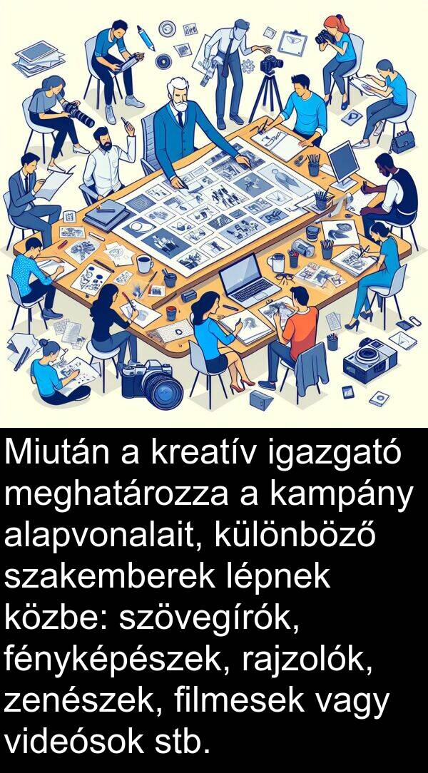 rajzolók: Miután a kreatív igazgató meghatározza a kampány alapvonalait, különböző szakemberek lépnek közbe: szövegírók, fényképészek, rajzolók, zenészek, filmesek vagy videósok stb.