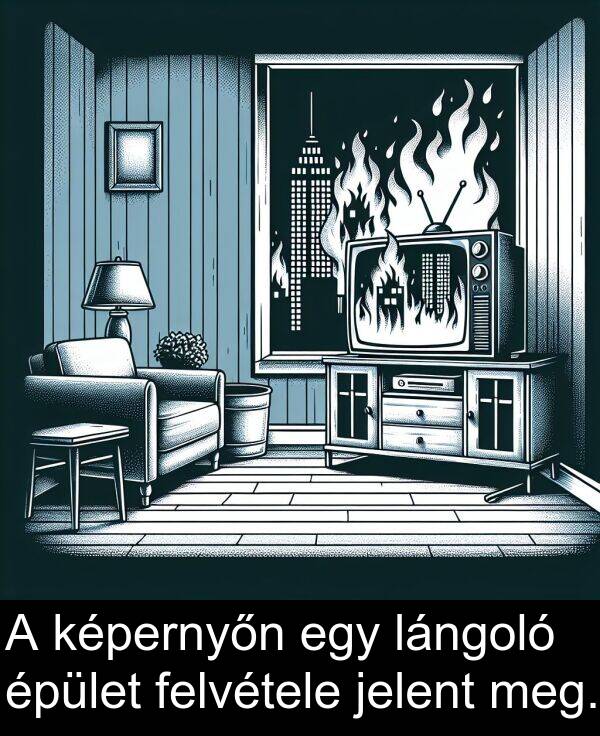 jelent: A képernyőn egy lángoló épület felvétele jelent meg.