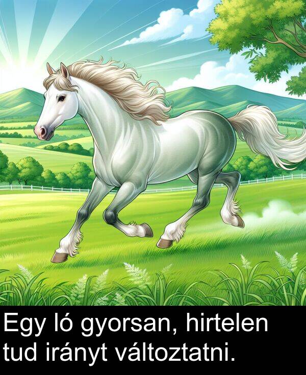 hirtelen: Egy ló gyorsan, hirtelen tud irányt változtatni.
