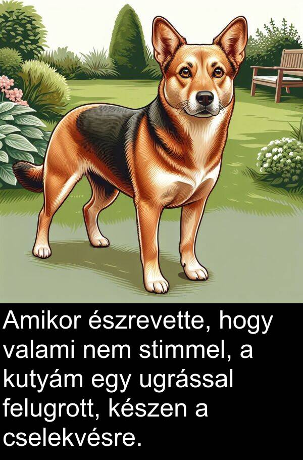 ugrással: Amikor észrevette, hogy valami nem stimmel, a kutyám egy ugrással felugrott, készen a cselekvésre.