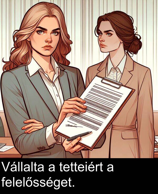 tetteiért: Vállalta a tetteiért a felelősséget.