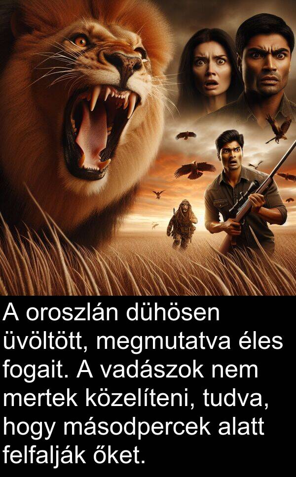 őket: A oroszlán dühösen üvöltött, megmutatva éles fogait. A vadászok nem mertek közelíteni, tudva, hogy másodpercek alatt felfalják őket.
