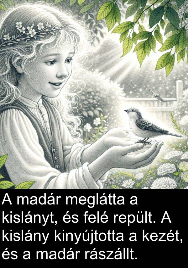 madár: A madár meglátta a kislányt, és felé repült. A kislány kinyújtotta a kezét, és a madár rászállt.