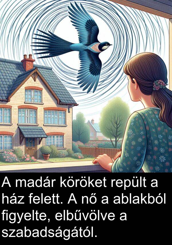 madár: A madár köröket repült a ház felett. A nő a ablakból figyelte, elbűvölve a szabadságától.