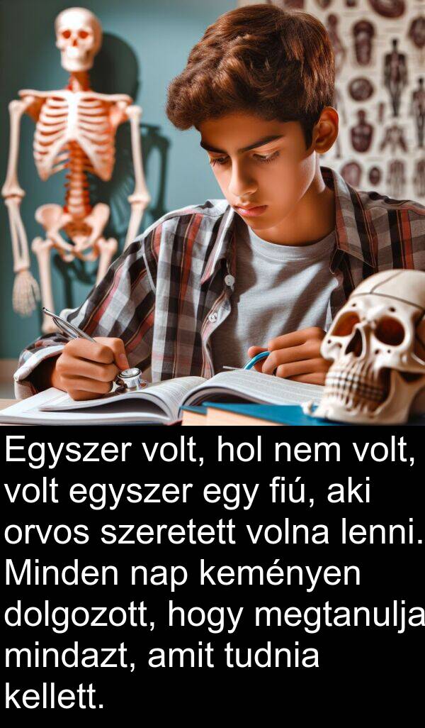 mindazt: Egyszer volt, hol nem volt, volt egyszer egy fiú, aki orvos szeretett volna lenni. Minden nap keményen dolgozott, hogy megtanulja mindazt, amit tudnia kellett.