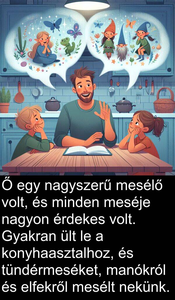 nagyszerű: Ő egy nagyszerű mesélő volt, és minden meséje nagyon érdekes volt. Gyakran ült le a konyhaasztalhoz, és tündérmeséket, manókról és elfekről mesélt nekünk.