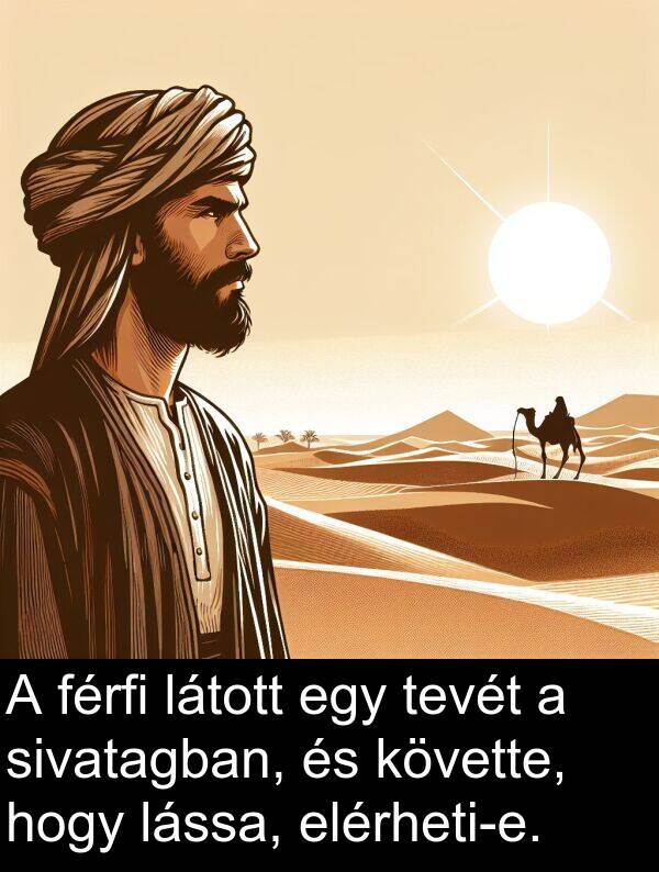 sivatagban: A férfi látott egy tevét a sivatagban, és követte, hogy lássa, elérheti-e.