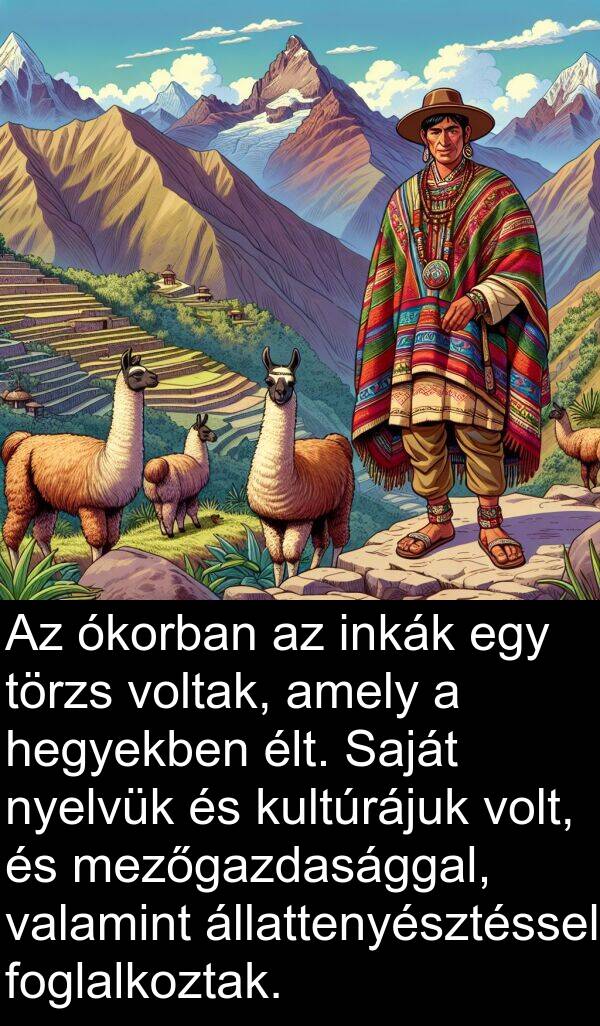 valamint: Az ókorban az inkák egy törzs voltak, amely a hegyekben élt. Saját nyelvük és kultúrájuk volt, és mezőgazdasággal, valamint állattenyésztéssel foglalkoztak.