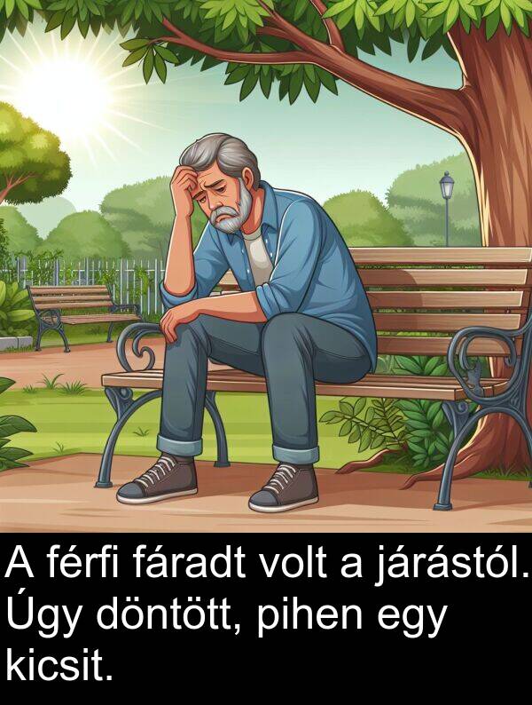 járástól: A férfi fáradt volt a járástól. Úgy döntött, pihen egy kicsit.