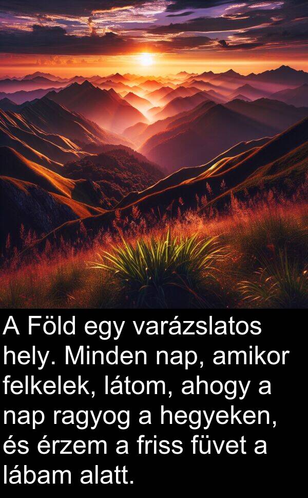 ragyog: A Föld egy varázslatos hely. Minden nap, amikor felkelek, látom, ahogy a nap ragyog a hegyeken, és érzem a friss füvet a lábam alatt.