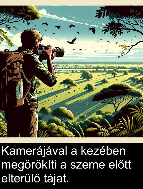 tájat: Kamerájával a kezében megörökíti a szeme előtt elterülő tájat.