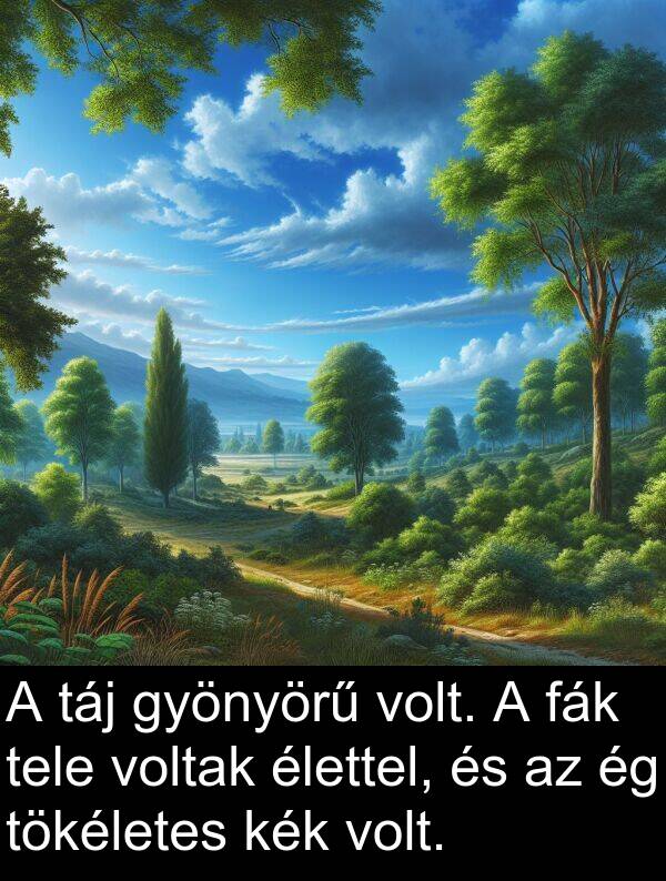 táj: A táj gyönyörű volt. A fák tele voltak élettel, és az ég tökéletes kék volt.