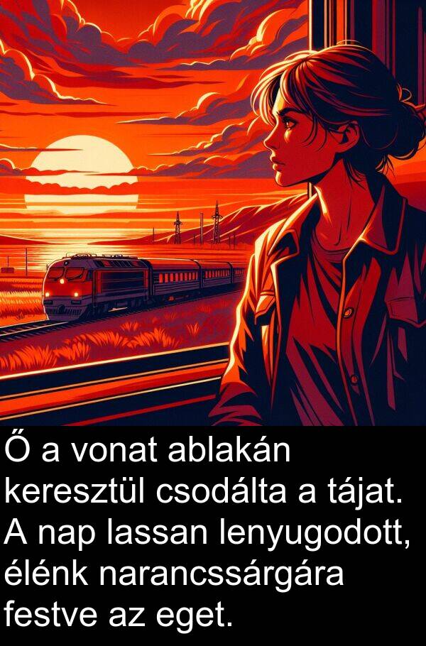 tájat: Ő a vonat ablakán keresztül csodálta a tájat. A nap lassan lenyugodott, élénk narancssárgára festve az eget.