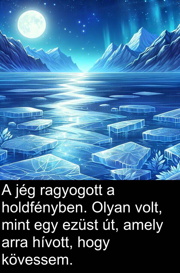 jég: A jég ragyogott a holdfényben. Olyan volt, mint egy ezüst út, amely arra hívott, hogy kövessem.