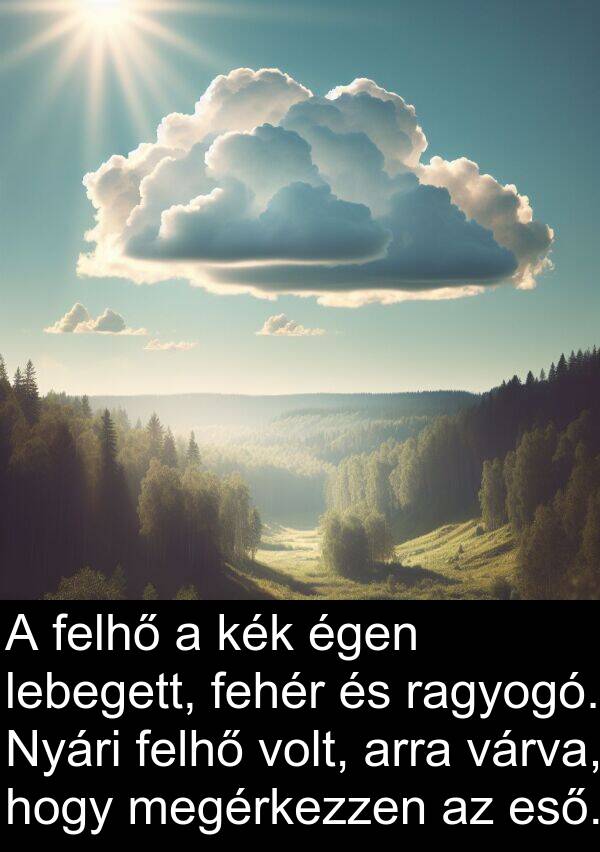 ragyogó: A felhő a kék égen lebegett, fehér és ragyogó. Nyári felhő volt, arra várva, hogy megérkezzen az eső.