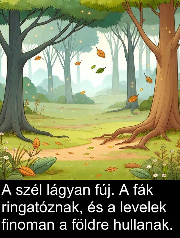 szél: A szél lágyan fúj. A fák ringatóznak, és a levelek finoman a földre hullanak.