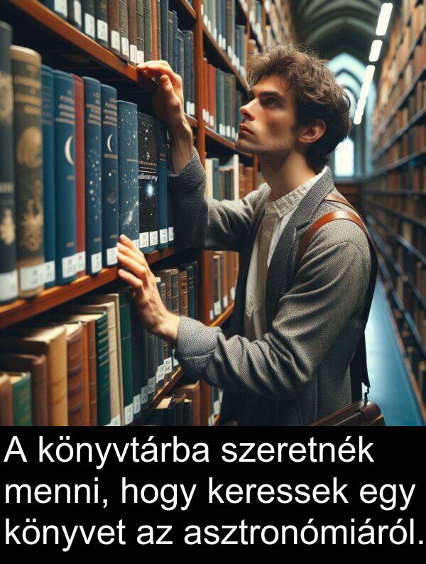 szeretnék: A könyvtárba szeretnék menni, hogy keressek egy könyvet az asztronómiáról.