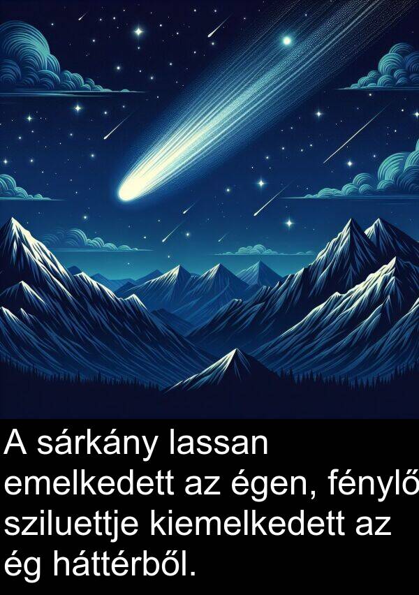 sárkány: A sárkány lassan emelkedett az égen, fénylő sziluettje kiemelkedett az ég háttérből.