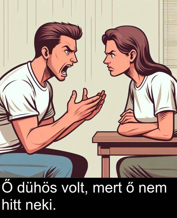 dühös: Ő dühös volt, mert ő nem hitt neki.