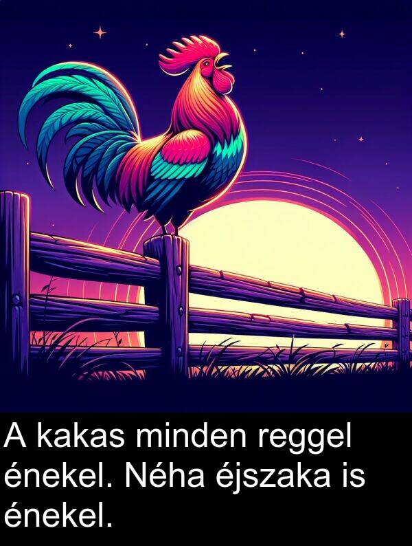 minden: A kakas minden reggel énekel. Néha éjszaka is énekel.