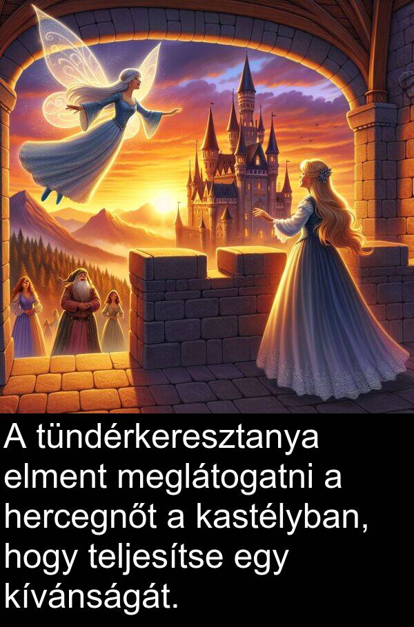 meglátogatni: A tündérkeresztanya elment meglátogatni a hercegnőt a kastélyban, hogy teljesítse egy kívánságát.