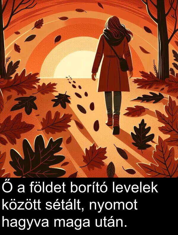 hagyva: Ő a földet borító levelek között sétált, nyomot hagyva maga után.