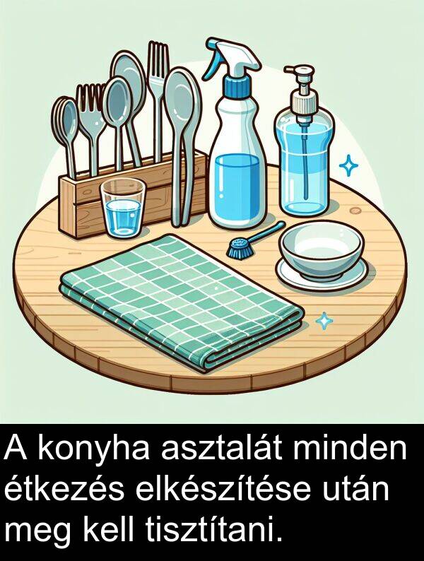 tisztítani: A konyha asztalát minden étkezés elkészítése után meg kell tisztítani.