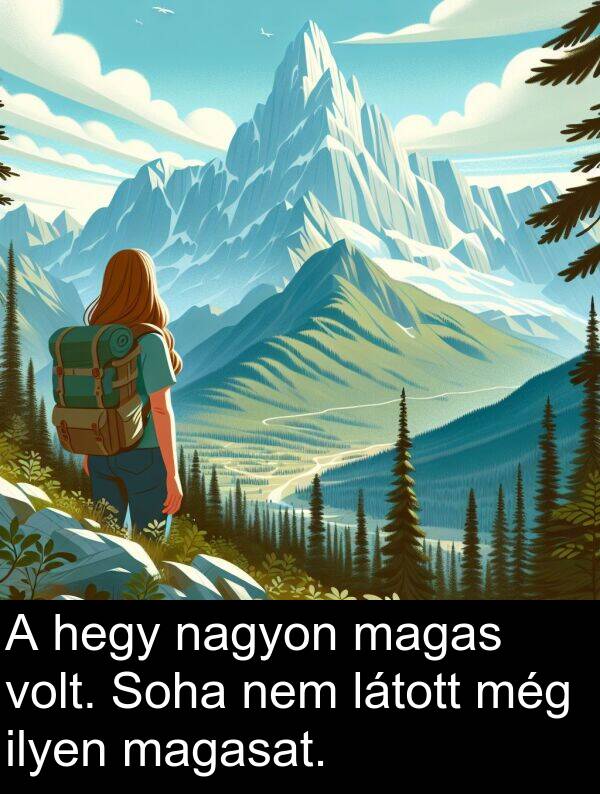 magas: A hegy nagyon magas volt. Soha nem látott még ilyen magasat.