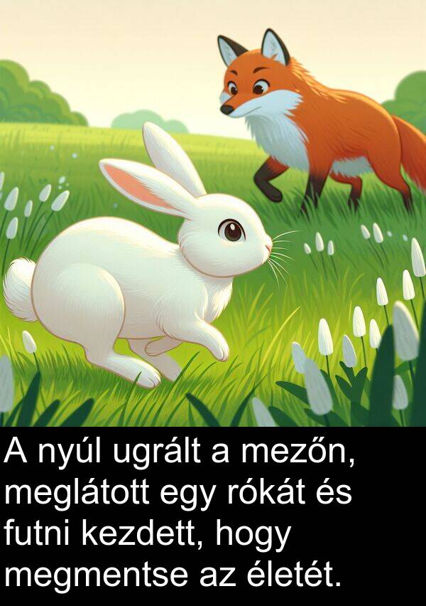 ugrált: A nyúl ugrált a mezőn, meglátott egy rókát és futni kezdett, hogy megmentse az életét.