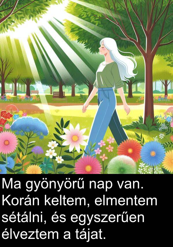 tájat: Ma gyönyörű nap van. Korán keltem, elmentem sétálni, és egyszerűen élveztem a tájat.