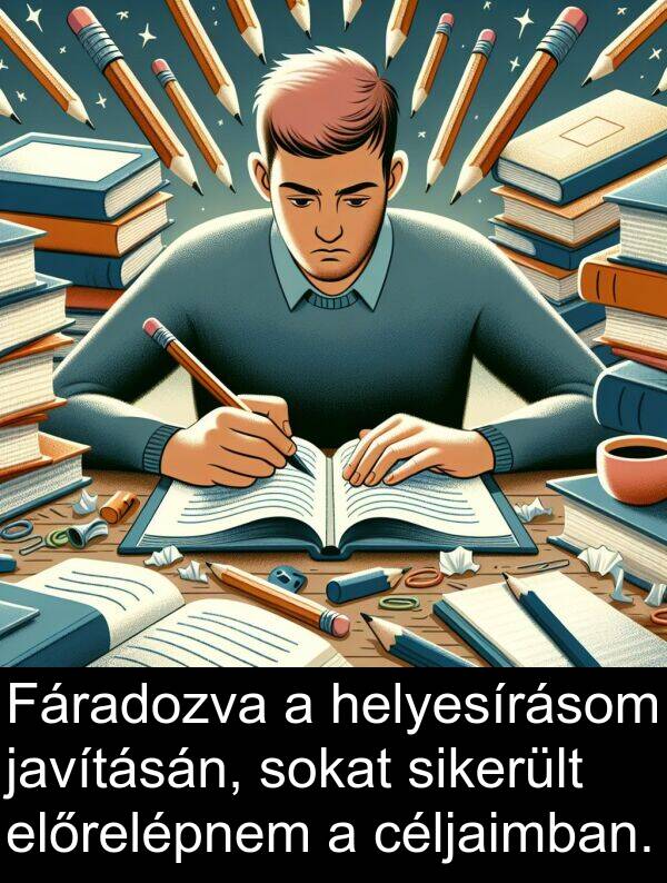 céljaimban: Fáradozva a helyesírásom javításán, sokat sikerült előrelépnem a céljaimban.