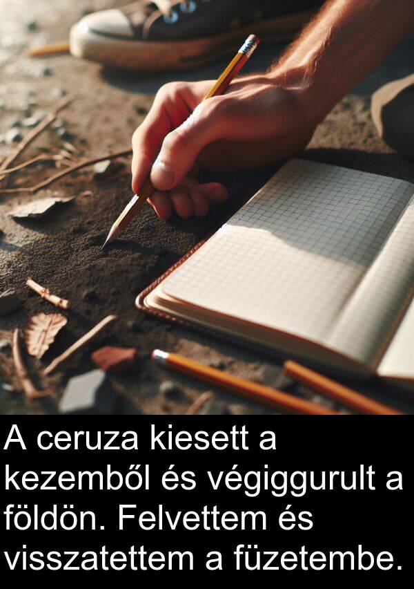 ceruza: A ceruza kiesett a kezemből és végiggurult a földön. Felvettem és visszatettem a füzetembe.