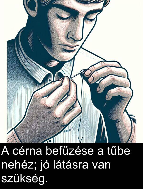 szükség: A cérna befűzése a tűbe nehéz; jó látásra van szükség.