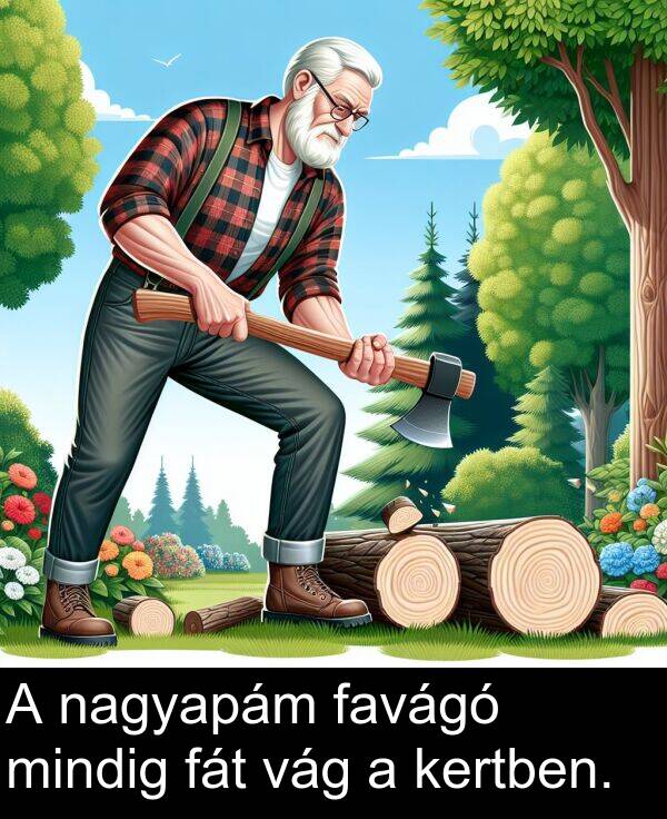 nagyapám: A nagyapám favágó mindig fát vág a kertben.