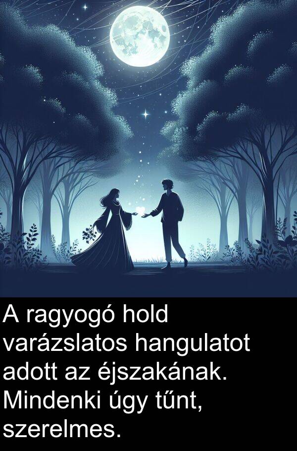 úgy: A ragyogó hold varázslatos hangulatot adott az éjszakának. Mindenki úgy tűnt, szerelmes.