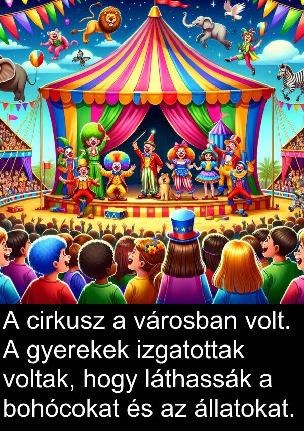 állatokat: A cirkusz a városban volt. A gyerekek izgatottak voltak, hogy láthassák a bohócokat és az állatokat.